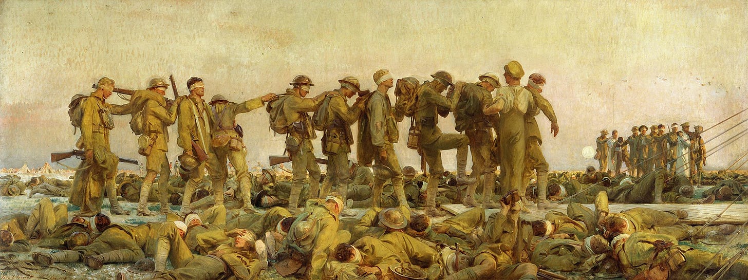 Painting of a line of soldiers walking apparently blind