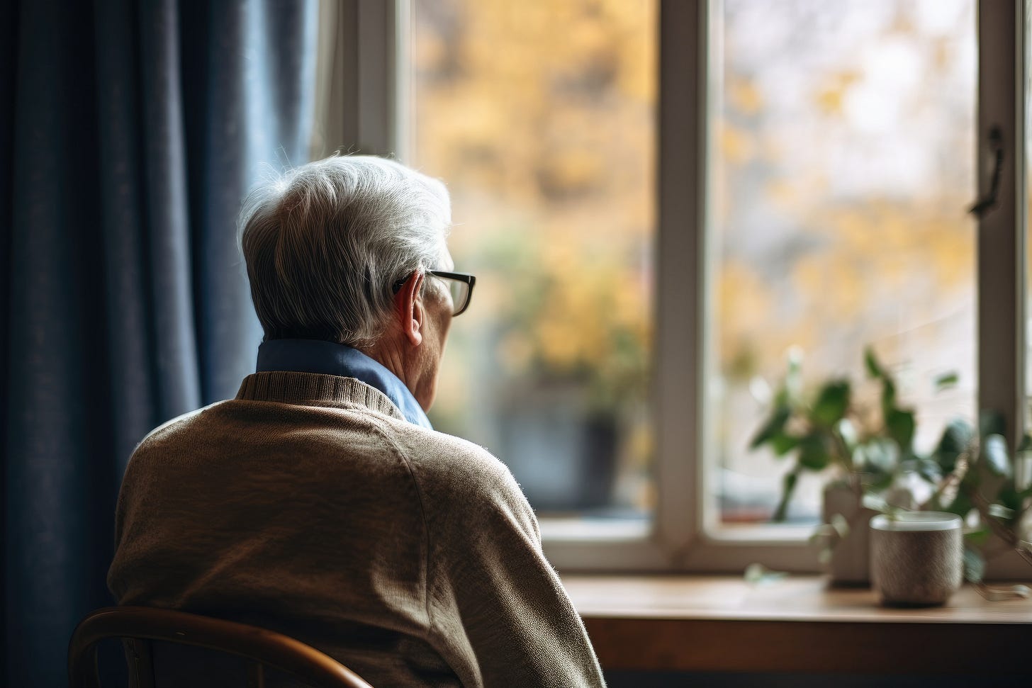 Elderly man sitting gazing out of a window