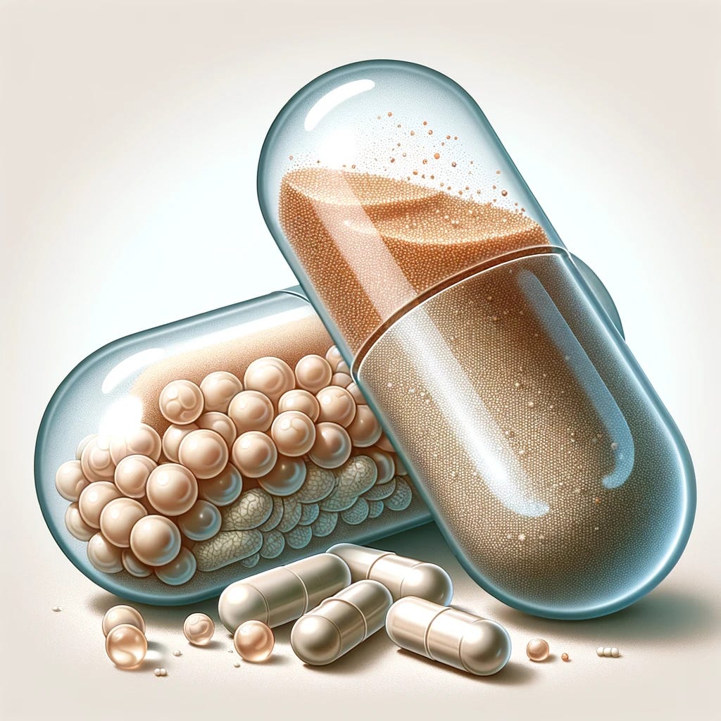 A detailed illustration of pills containing prebiotics and probiotics. The image shows two types of capsules: one transparent capsule filled with a light brown powder, representing prebiotics, and another capsule that is semi-transparent with visible tiny spheres or granules inside, symbolizing probiotics. The background is neutral to highlight the pills, and the overall tone is clean and clinical, suitable for a health supplement advertisement or educational material. A detailed illustration of pills containing prebiotics and probiotics. The image shows two types of capsules: one transparent capsule filled with a light brown powder, representing prebiotics, and another capsule that is semi-transparent with visible tiny spheres or granules inside, symbolizing probiotics. The background is neutral to highlight the pills, and the overall tone is clean and clinical, suitable for a health supplement advertisement or educational material.