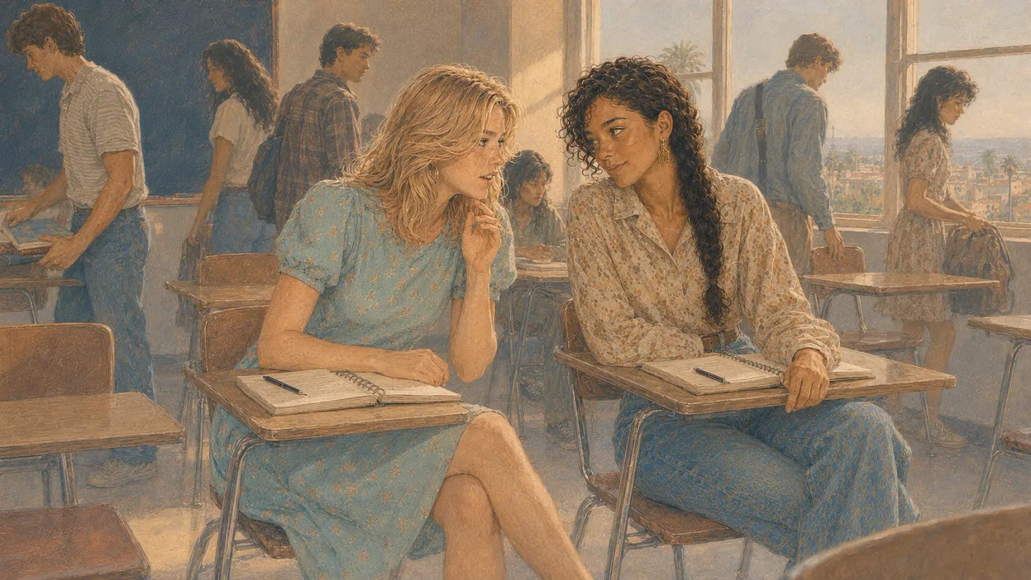 Sheri leans toward Lucia to whisper about Matteo as they sit with open notebooks in a sunlit college classroom. Sheri leans toward Lucia to whisper about Matteo as they sit with open notebooks in a sunlit college classroom.
