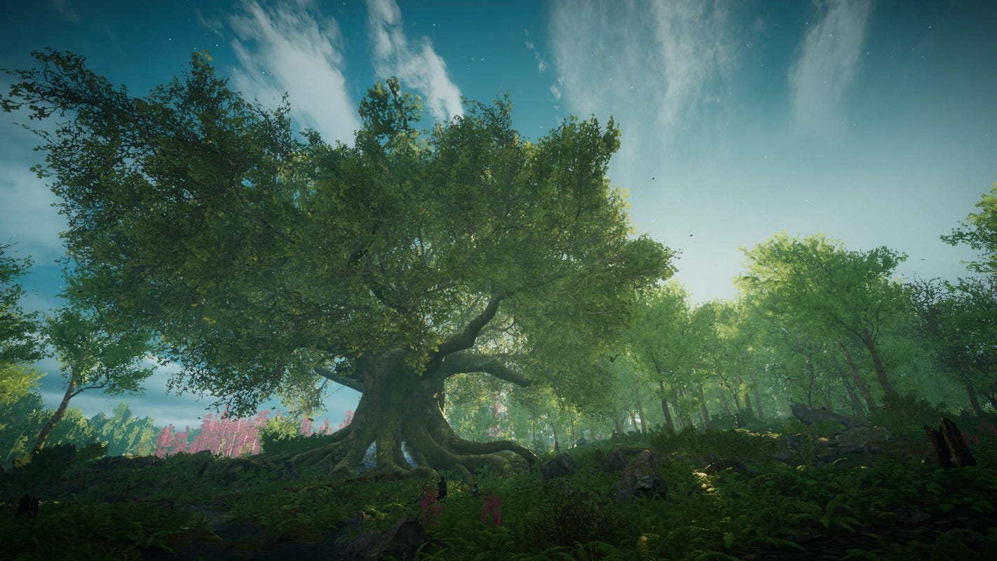 An image from the game Eastshade. A large tree under a blue sky.