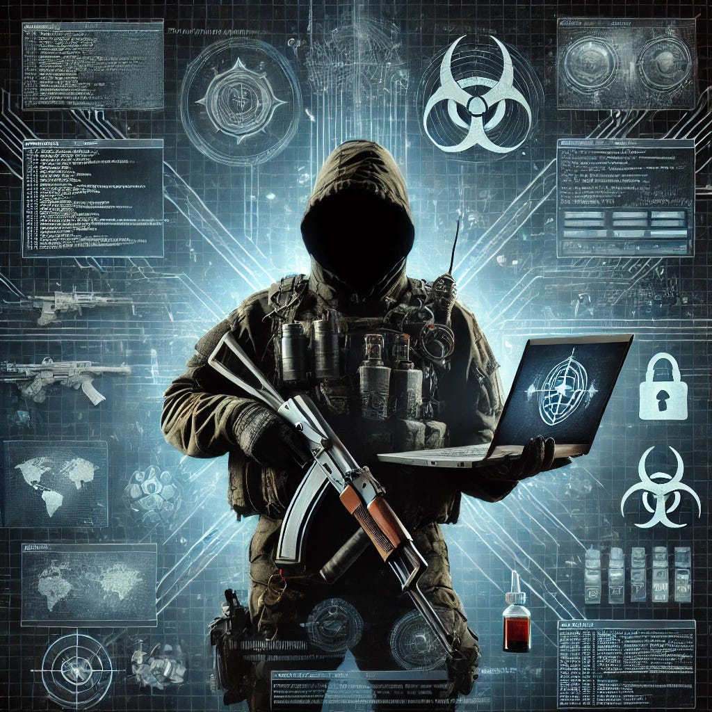 A powerful image showcasing the concept of modern hybrid warfare, blending traditional espionage with cyber warfare. The image features a shadowy figure symbolizing a Russian special operations soldier from Unit 29155, holding both a digital device (like a laptop or tablet with cyberattack symbols like code or malware) and physical weaponry (such as a rifle or poison vial), set against a dark, high-tech backdrop with elements of digital networks, malware icons, and surveillance grids. The scene emphasizes both digital and physical espionage tactics, portraying a dangerous, secretive, and high-tech atmosphere.