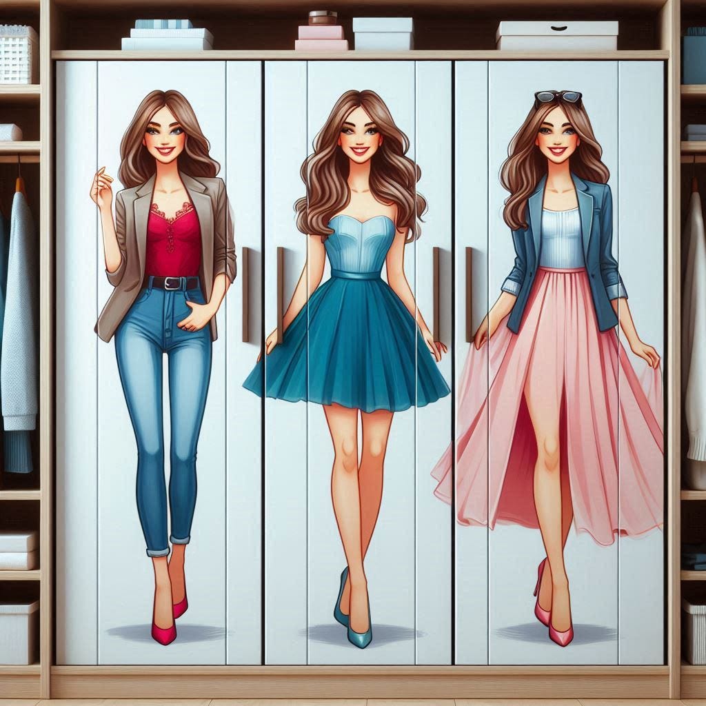 Um guarda roupa com 3 portas. na frente de cada porta tem mulher diferente muito linda e feliz com diferentes estilos de roupas