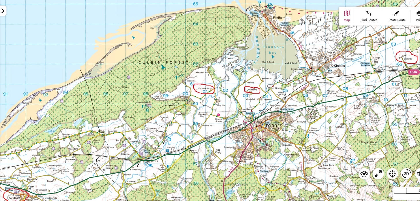 Map showing ‘Earn’ place-names in Moray and Nairnshire, with Auldearn circled at extreme left and Earnside at extreme right Map showing ‘Earn’ place-names in Moray and Nairnshire, with Auldearn circled at extreme left and Earnside at extreme right