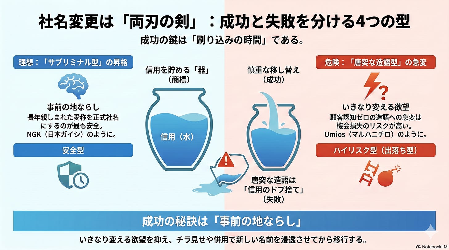 「社名変更は『諸刃の剣』:成功と失敗を分ける4つの型」と題したインフォグラフィック。左側(青)は「理想:サブリミナル型の昇格/安全型」で、長年親しまれた愛称を正式社名にするのが最も安全とし、NGK(日本ガイシ)を例示。右側(赤)は「危険:唐突な造語型の急変/ハイリスク型(出落ち型)」で、顧客認知ゼロの造語への急変は機会損失リスクが高いとし、Umios(マルハニチロ)を例示。中央に信用という水を貯める壺(商標)と、慎重な移し替え(成功)/信用のドブ捨て(失敗)の対比。下部に「成功の秘訣は『事前の地ならし』」。 「社名変更は『諸刃の剣』:成功と失敗を分ける4つの型」と題したインフォグラフィック。左側(青)は「理想:サブリミナル型の昇格/安全型」で、長年親しまれた愛称を正式社名にするのが最も安全とし、NGK(日本ガイシ)を例示。右側(赤)は「危険:唐突な造語型の急変/ハイリスク型(出落ち型)」で、顧客認知ゼロの造語への急変は機会損失リスクが高いとし、Umios(マルハニチロ)を例示。中央に信用という水を貯める壺(商標)と、慎重な移し替え(成功)/信用のドブ捨て(失敗)の対比。下部に「成功の秘訣は『事前の地ならし』」。