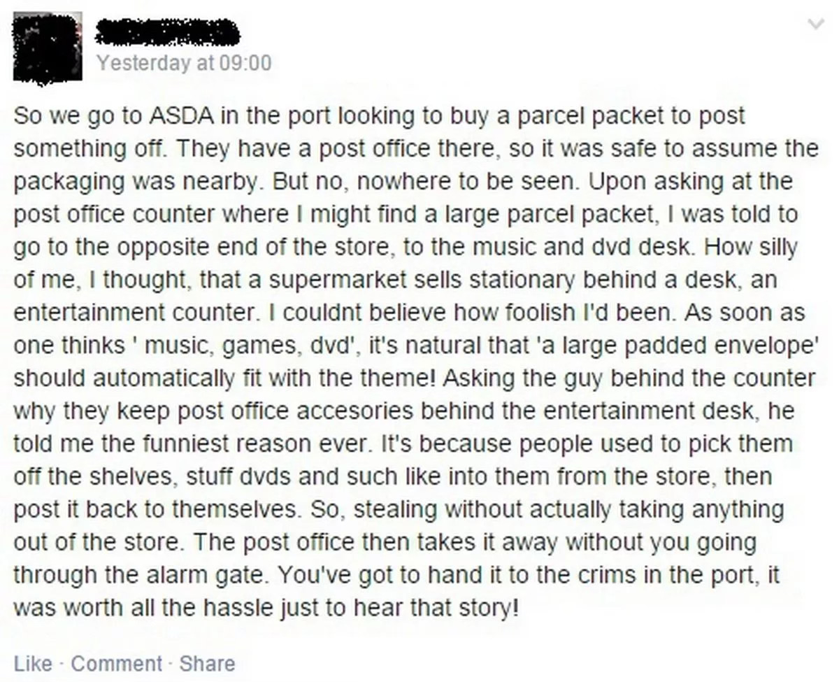 A screen grab of a story of shoplifters posting dads from a shop using an internal post office