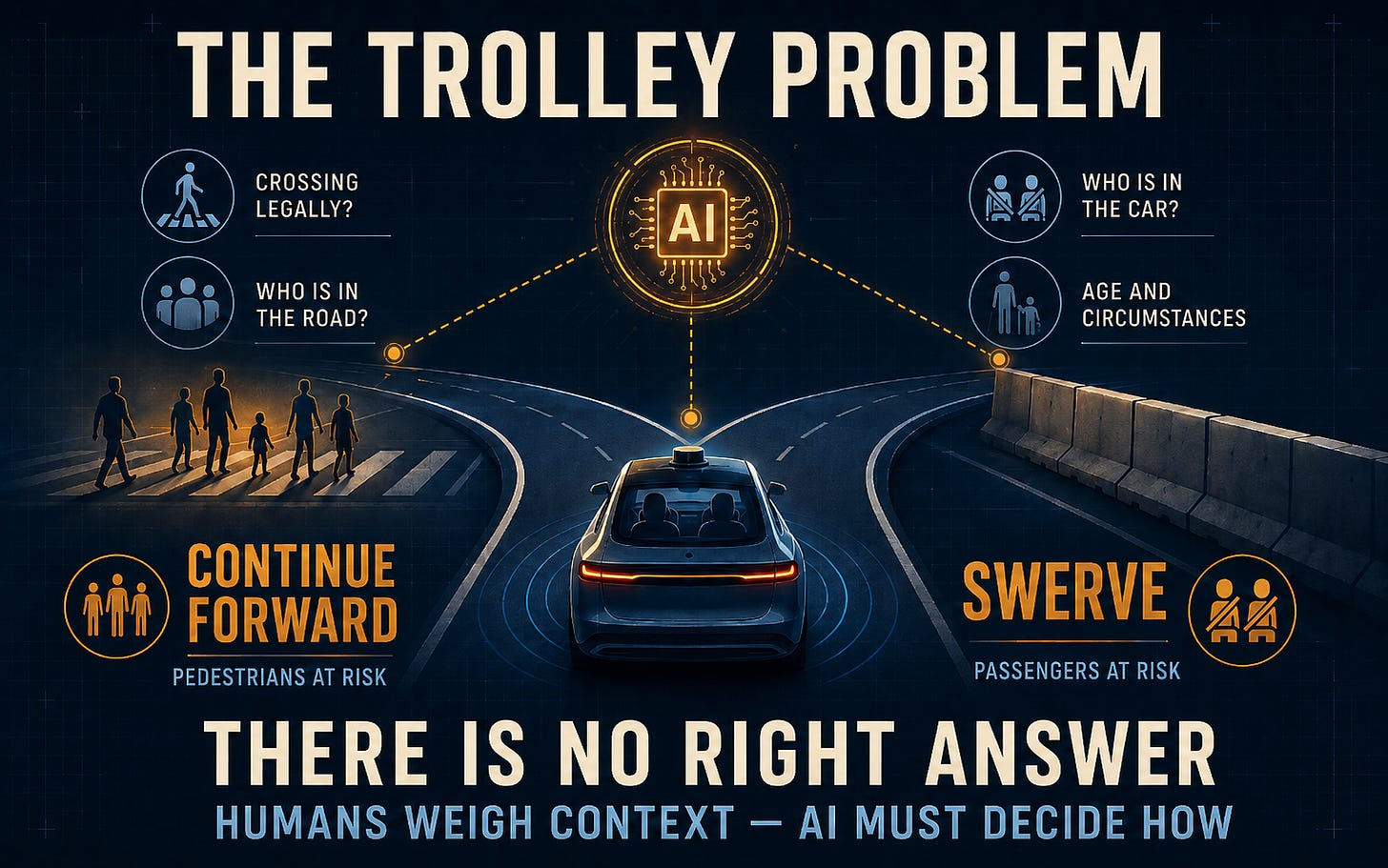 nfographic titled “The Trolley Problem” showing a self-driving car approaching a fork in the road. On the left, pedestrians are in a crosswalk with the option “Continue Forward: Pedestrians at Risk.” On the right, concrete barriers represent the option “Swerve: Passengers at Risk.” An AI symbol above the car weighs contextual factors, including whether pedestrians are crossing legally, who is in the road, who is in the car, and their ages and circumstances. Bottom text reads: “There Is No Right Answer. Humans Weigh Context — AI Must Decide How.”