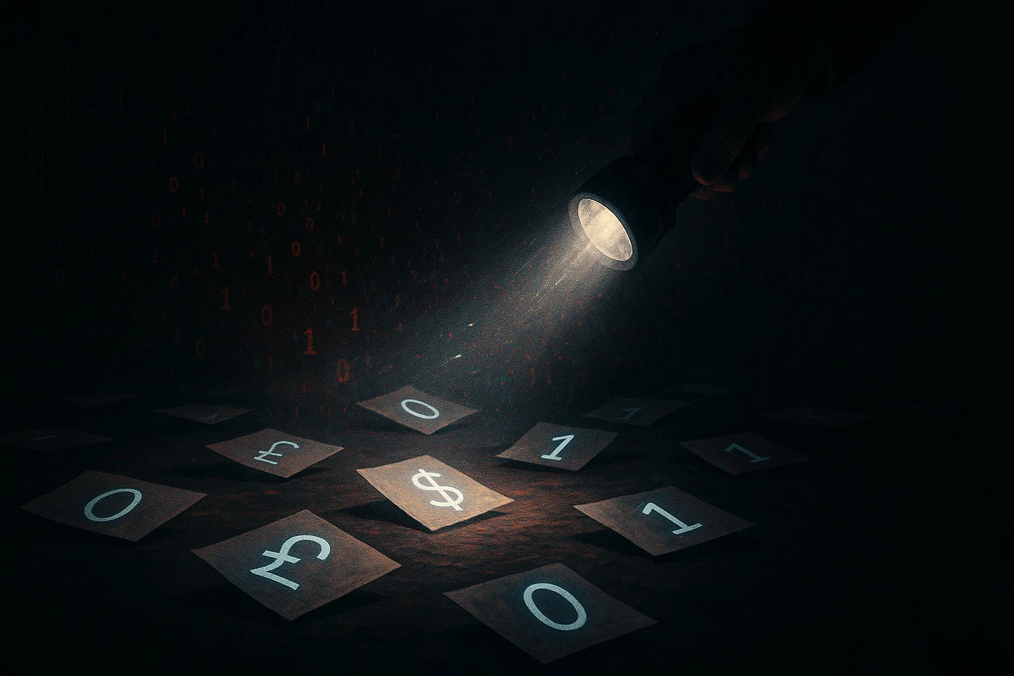 A torch beam cuts through darkness to reveal scattered slips of paper marked with glowing currency symbols and binary code — a surreal quantum scene symbolising the Edge Cult Contradiction Portal experiment, where observation shapes reality. A torch beam cuts through darkness to reveal scattered slips of paper marked with glowing currency symbols and binary code — a surreal quantum scene symbolising the Edge Cult Contradiction Portal experiment, where observation shapes reality.