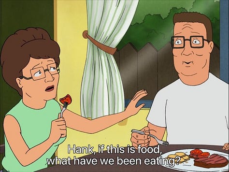 Images of Hank and Peggy from King of the Hill eating a steak dinner