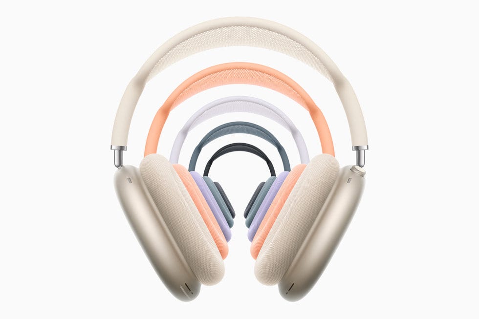AirPods Max devices are shown starlight, orange, purple, blue, and midnight.