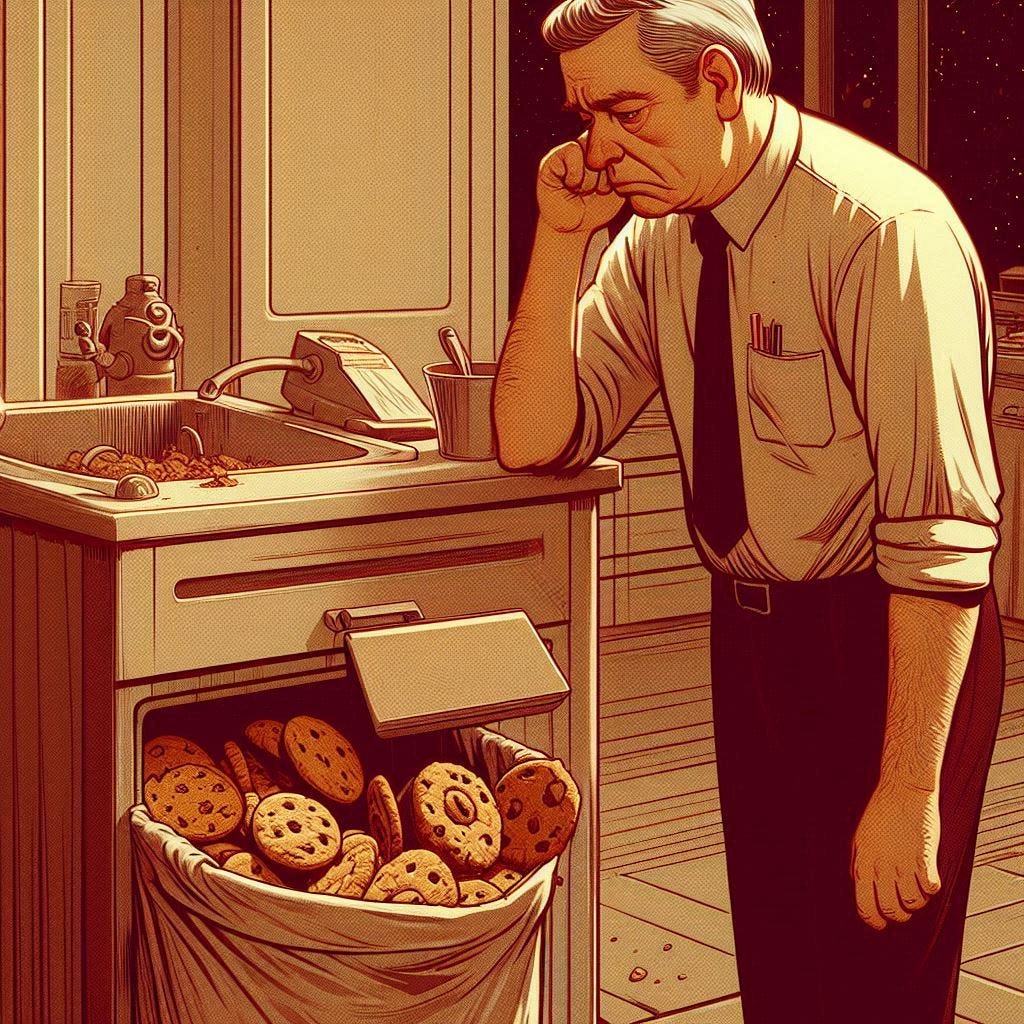 a middle-aged white man sad as he puts cookies in the trash can, 60s sci-fi drawing