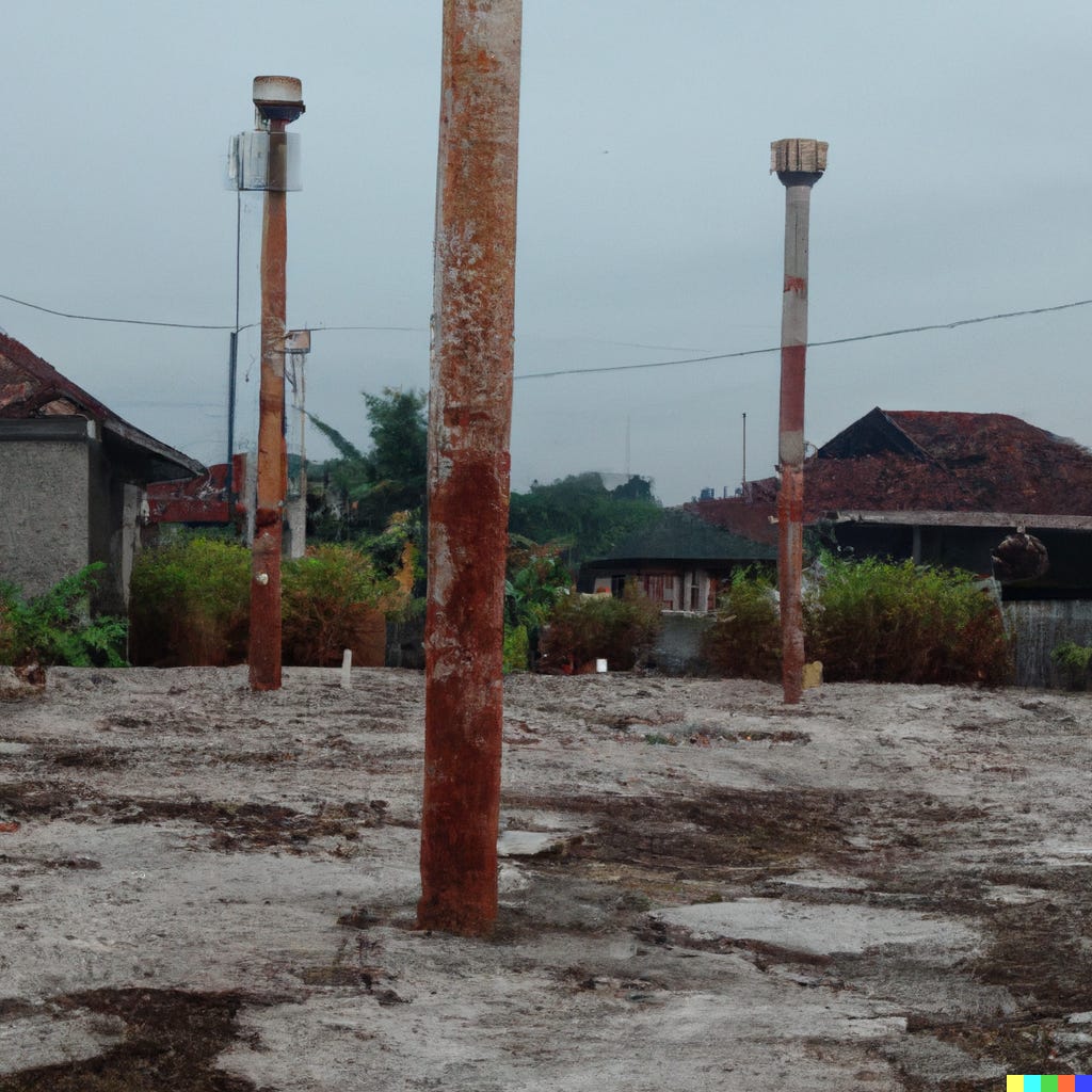 A color faux-photo (AI-generated) of a vacant lot, half cement, half mud. There are three rusted poles that stick out of the ground. Beyond this area some houses and trees can be seen.