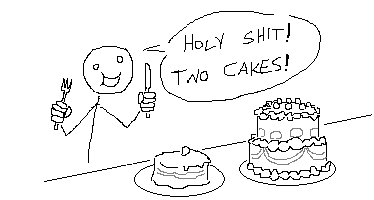 a stick figure is at a table, holding a knife and fork. On the table, is an ornately decorated two-tier cake. Next to it is another, single-tier, more modest cake. The stick figure excitedly exclaims "HOLY SHIT, TWO CAKES!"