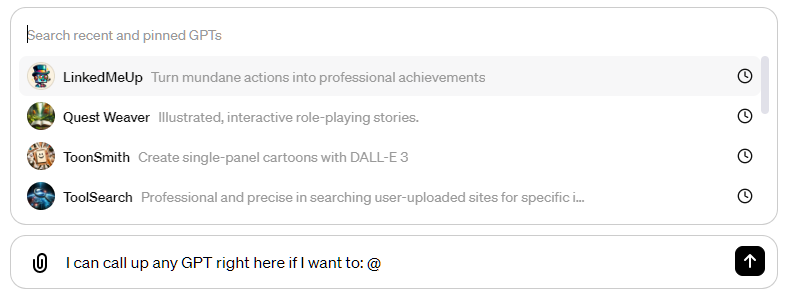 Adding a custom GPT into a ChatGPT conversation by pressing @
