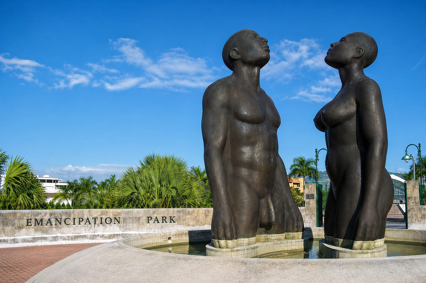 Redemption Song — the iconic Emancipation Park statues in Kingston, Jamaica, symbolising freedom, resilience, and the enduring journey from oppression to self-determination.