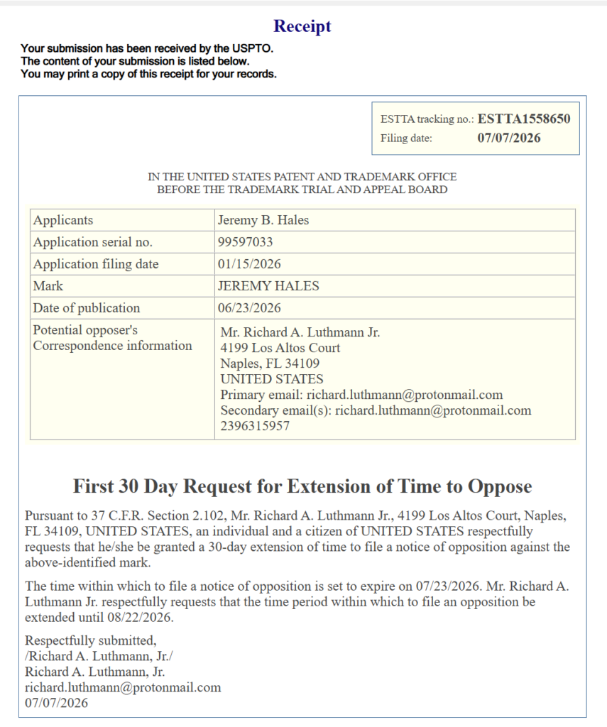 Hales Trademark: Request for 30-Day Extension Hales Trademark: Request for 30-Day Extension