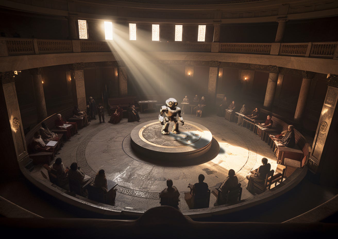 A circular chamber of elders interrogate a robot standing at the center of the chamber in a shaft of light