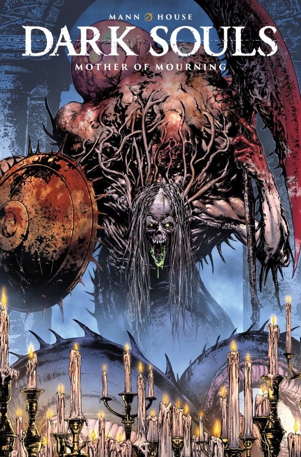 A monstrous creature looms in a gothic setting, its body covered in exposed muscle and bulbous growths. Tangled black branches extend from its torso, and its face is skeletal with long, stringy hair and glowing green drool. It holds a massive, rusted shield and a giant red blade, with lit candles and gaping-mouthed creatures below it.