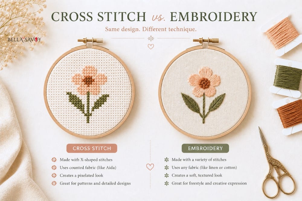 A comparison of the same floral design with the same colors. On the left is a cross stitch flower. The flower on the right is made with embroidery stitches.