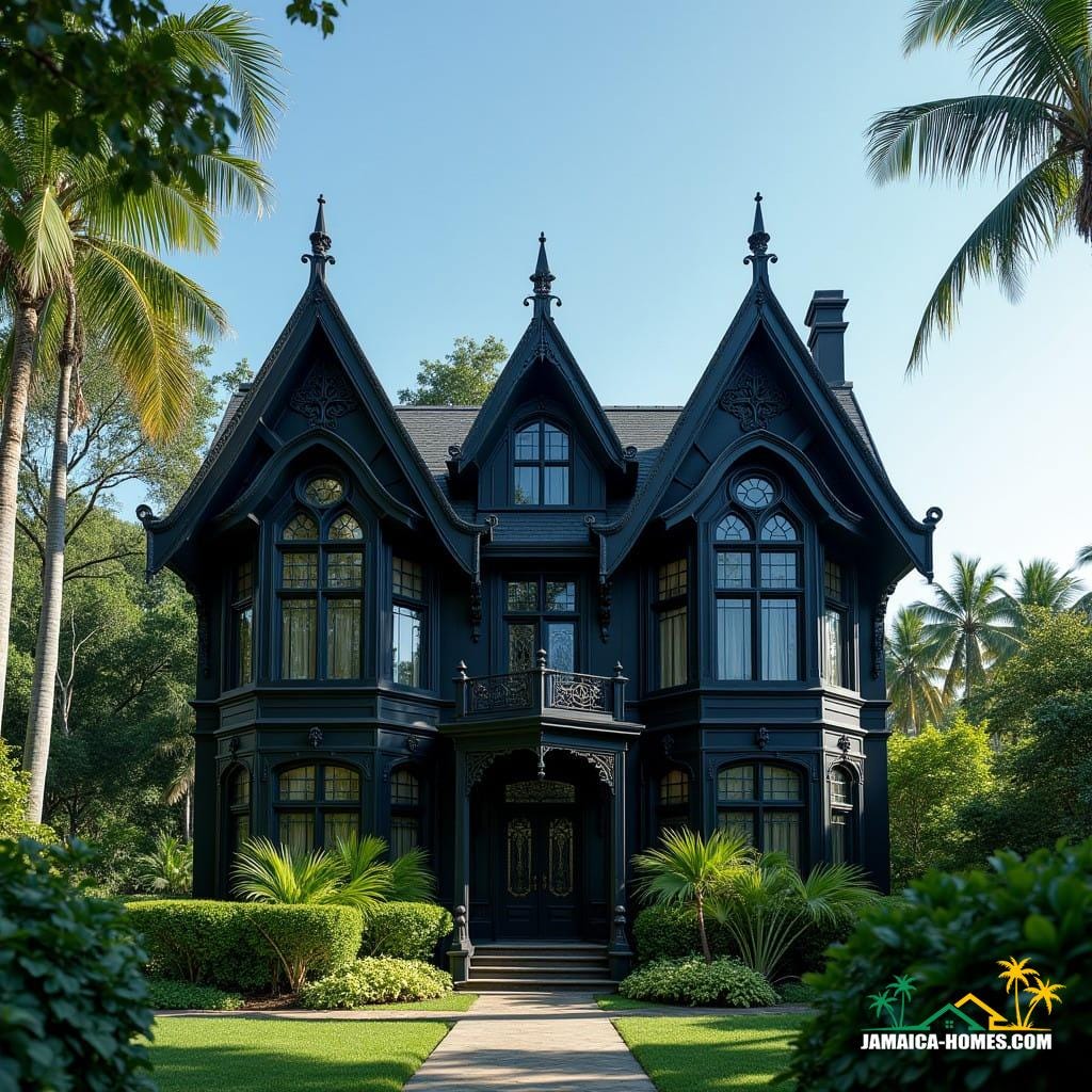 A front view of The Kingston Noir house: A modern black Gothic Revival home with pointed arches, tall windows, and a steeply pitched roof, surrounded by lush Jamaican tropical greenery under a bright blue sky. Intricate wrought-iron details decorate the facade, enhancing its dramatic yet elegant aesthetic.