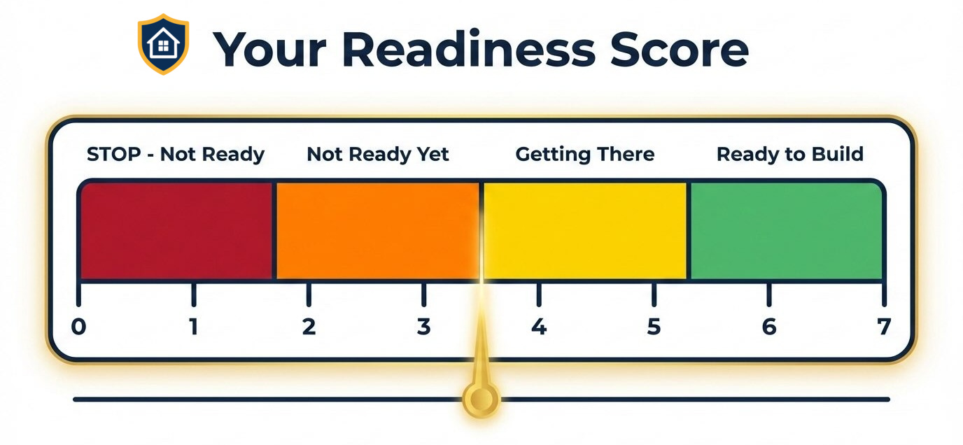 Your Readiness Score meter showing color-coded zones: 0-1 STOP Not Ready (red), 2-3 Not Ready Yet (orange), 4-5 Getting There (yellow), 6-7 Ready to Build (green)