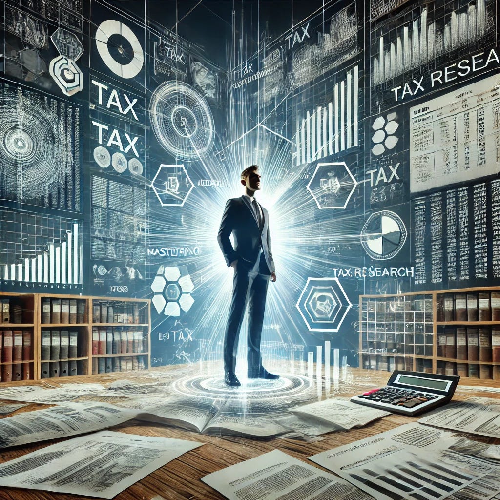 A dynamic scene depicting the concept of mastering tax research. A central figure, a professional tax expert, is surrounded by a variety of tax documents, charts, and financial statements. Large screens in the background display intricate tax codes, legal texts, and financial data. The expert is confidently analyzing the information, with bookshelves filled with tax law and research materials around. The environment is modern and high-tech, with a focus on detailed analysis and mastery of complex tax issues. The setting exudes an atmosphere of expertise, focus, and comprehensive understanding of tax research.