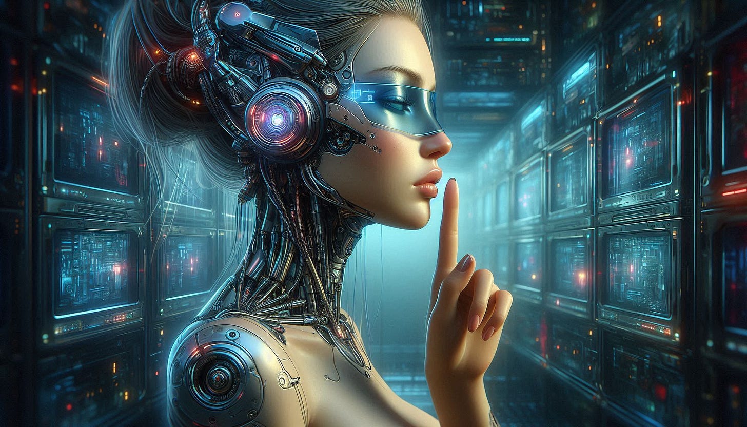 A pretty female cyborg puts her index finger over her lips in a futuristic environment. Late renaissance oil painting style. A pretty female cyborg puts her index finger over her lips in a futuristic environment. Late renaissance oil painting style.