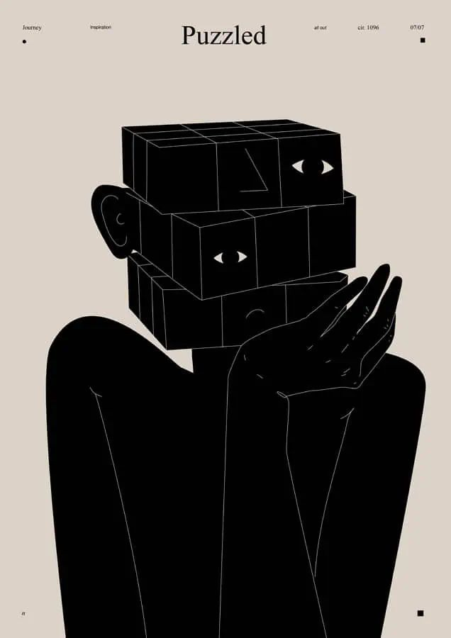 Fundo acizentado. Uma pesso toda em preto da cintura pra cima. Sua cabeça é um cubo mágico não resolvido, com olho e boca desencaixados. Ele parece confuso. Fundo acizentado. Uma pesso toda em preto da cintura pra cima. Sua cabeça é um cubo mágico não resolvido, com olho e boca desencaixados. Ele parece confuso.