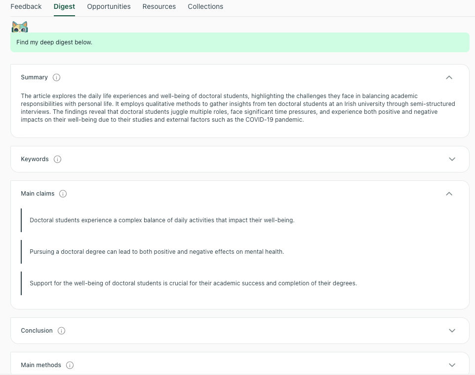 A summary card explaining a qualitative study on doctoral students' work-life balance and mental health.