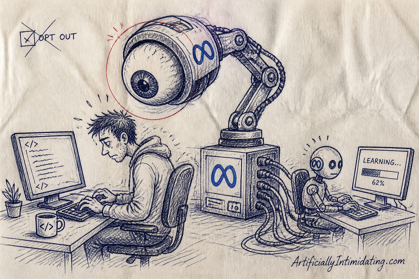 Editorial cartoon: a giant eye on a camera arm marked with Meta's infinity logo records an engineer's keystrokes and feeds a little robot copy learning to type; an OPT OUT box is crossed out. Editorial cartoon: a giant eye on a camera arm marked with Meta's infinity logo records an engineer's keystrokes and feeds a little robot copy learning to type; an OPT OUT box is crossed out.