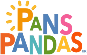 The PANS PANDAS charity logo with are the words PANS PANDAS in a variety of colours