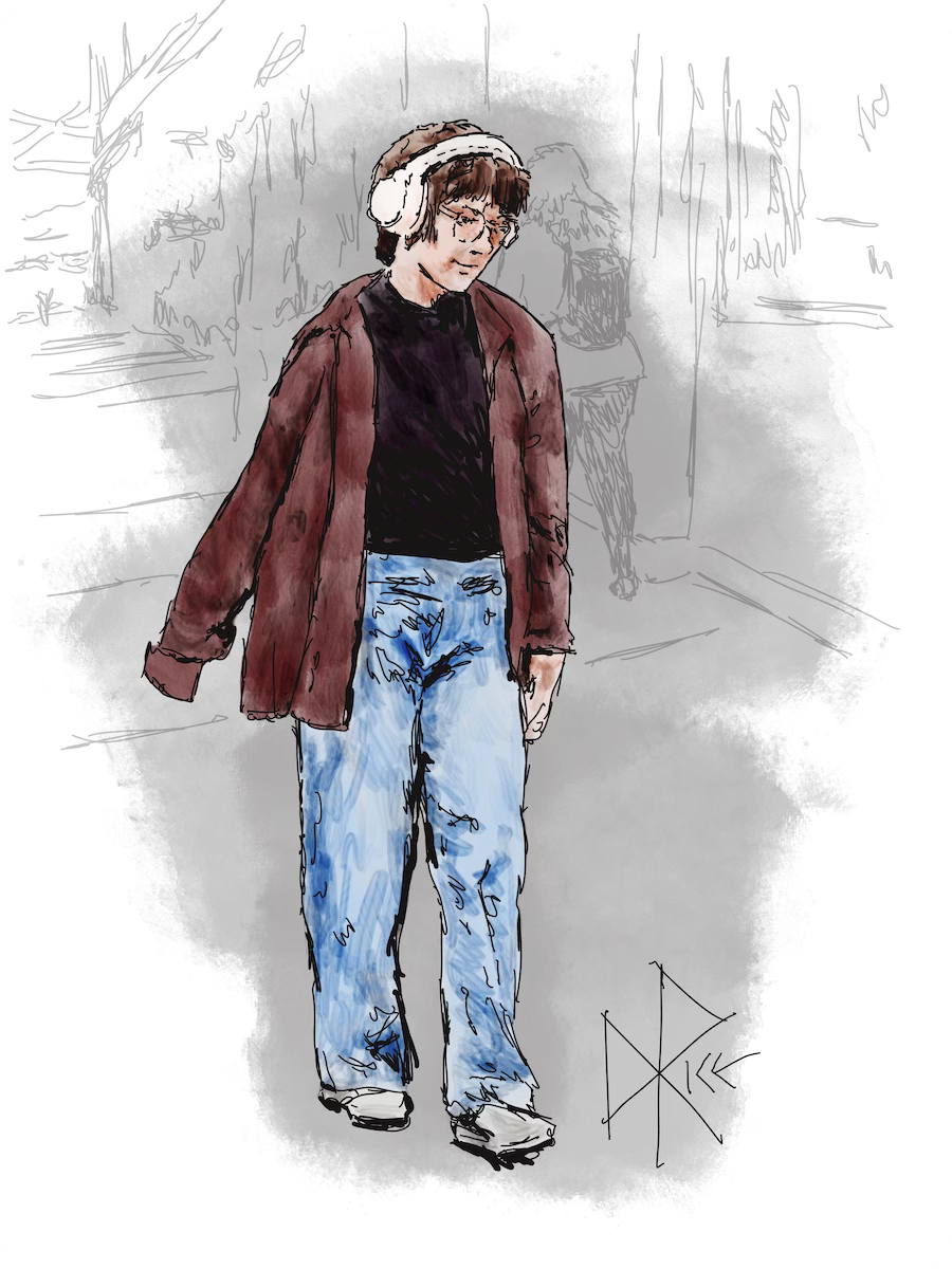 Enjoying a warm autumn day while listening to music on headphones, walking with a smile and arms swinging. Sketch art by Don Rice.
