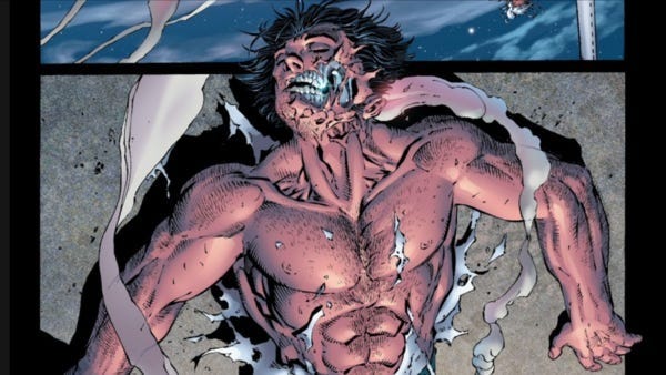 A battered Wolverine lies on his back amid torn fabric, his face bruised and bloodied after a severe beating. A battered Wolverine lies on his back amid torn fabric, his face bruised and bloodied after a severe beating.