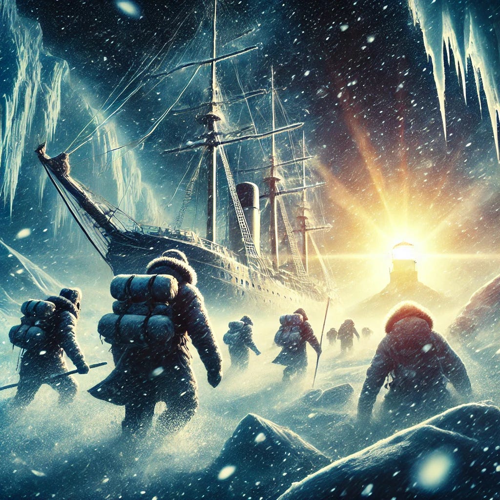 A dramatic and adventurous scene inspired by Ernest Shackleton's Antarctic expedition and the Hero’s Journey. A team of explorers, bundled in heavy winter gear, battles through a raging snowstorm towards a distant, glowing beacon of hope. Their ship, trapped in ice, looms in the background, symbolizing the trials they have endured. The scene conveys resilience, sacrifice, and the call to adventure, evoking an epic journey of survival and purpose.