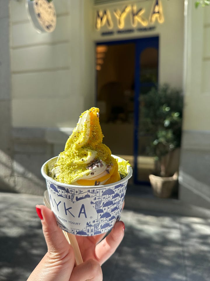 froyo at MYKA - best combo: original Greek yogurt base topped with pistachio sauce/spread, chocolate spread, and baklava crumbles