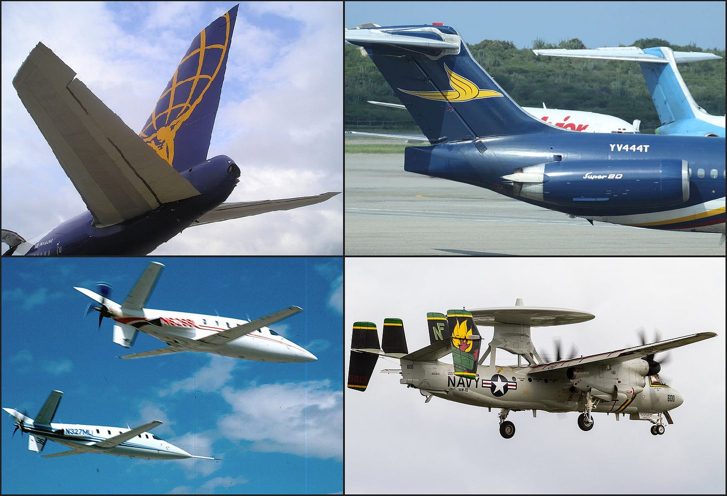 Photos of four different tail types - conventional, t-tail, y-tail and a quad tail Photos of four different tail types - conventional, t-tail, y-tail and a quad tail