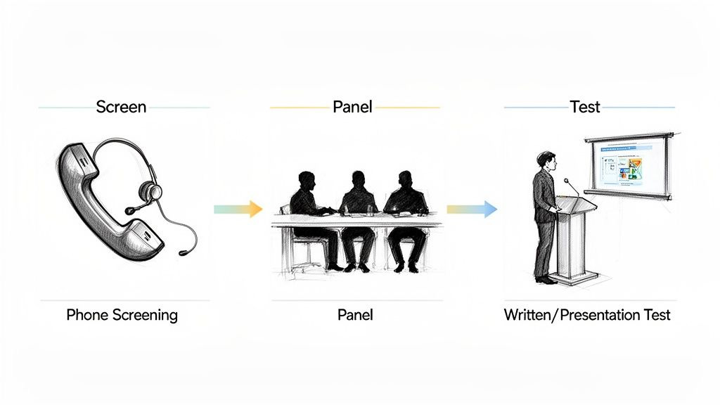 Illustration showing a three-step hiring process: phone screening, panel interview, and presentation test.