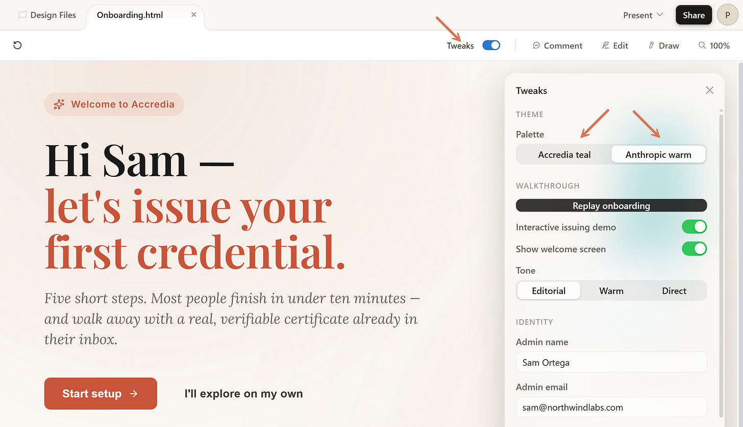 Claude Design tweaks: multiple variants on the same canvas