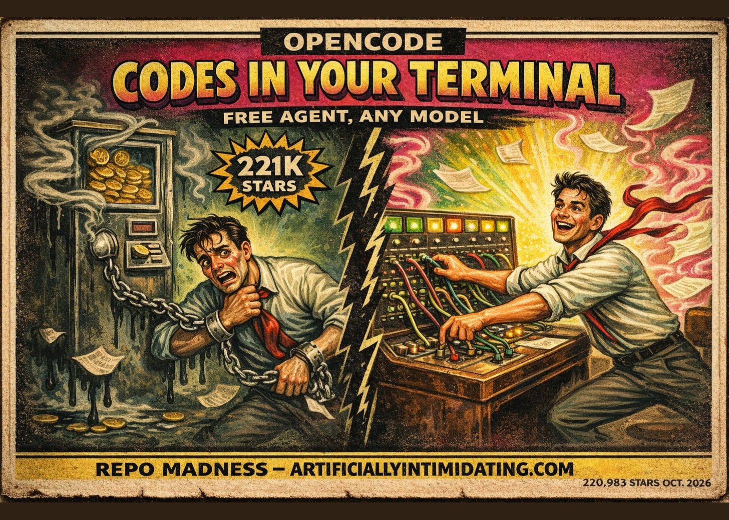 Vintage postcard poster. Left: a programmer chained to a coin-operated vending machine. Right: the same man grinning at a telephone switchboard, plugging cables into many machines. Text: OpenCode, codes in your terminal.
