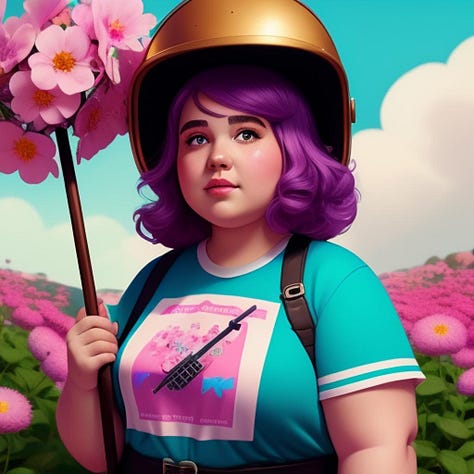 Bright floral pink and purple haired femmes in floral backgrounds.