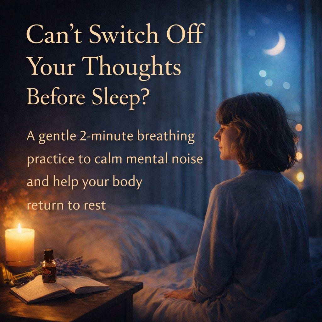 A calm nighttime scene of a woman sitting quietly on her bed in soft candlelight, with a crescent moon outside the window. The image includes text about calming running thoughts before sleep with a gentle breathing practice.