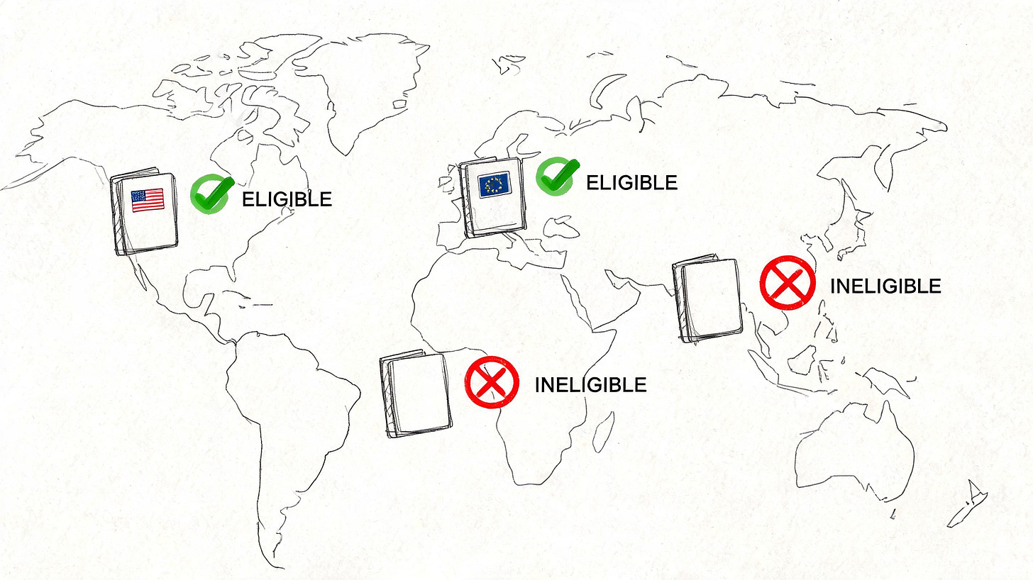 A map showing world regions with eligibility status for an international finance career, featuring passports and icons.