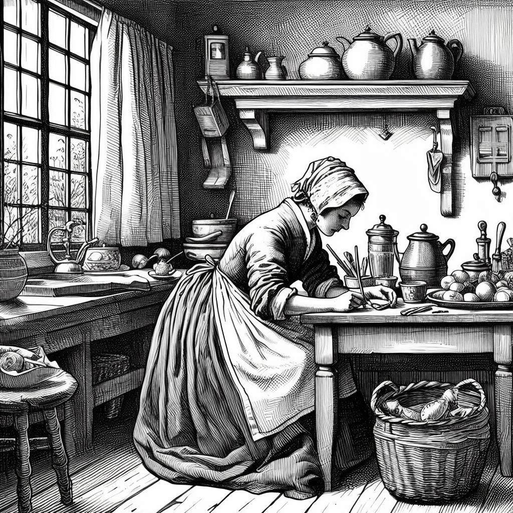 Drawing of woman at work in a kitchen