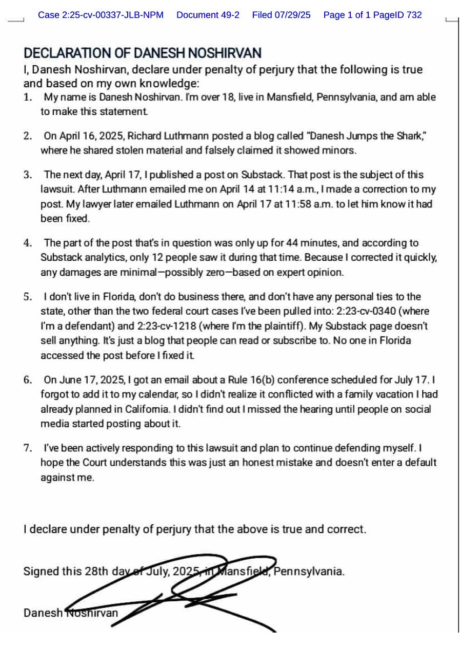 Delusional Danesh’s Theme Park Skip: On Aug 27, Judge Mizell decides if $20M defamation case against Noshirvan ends in sanctions or default.