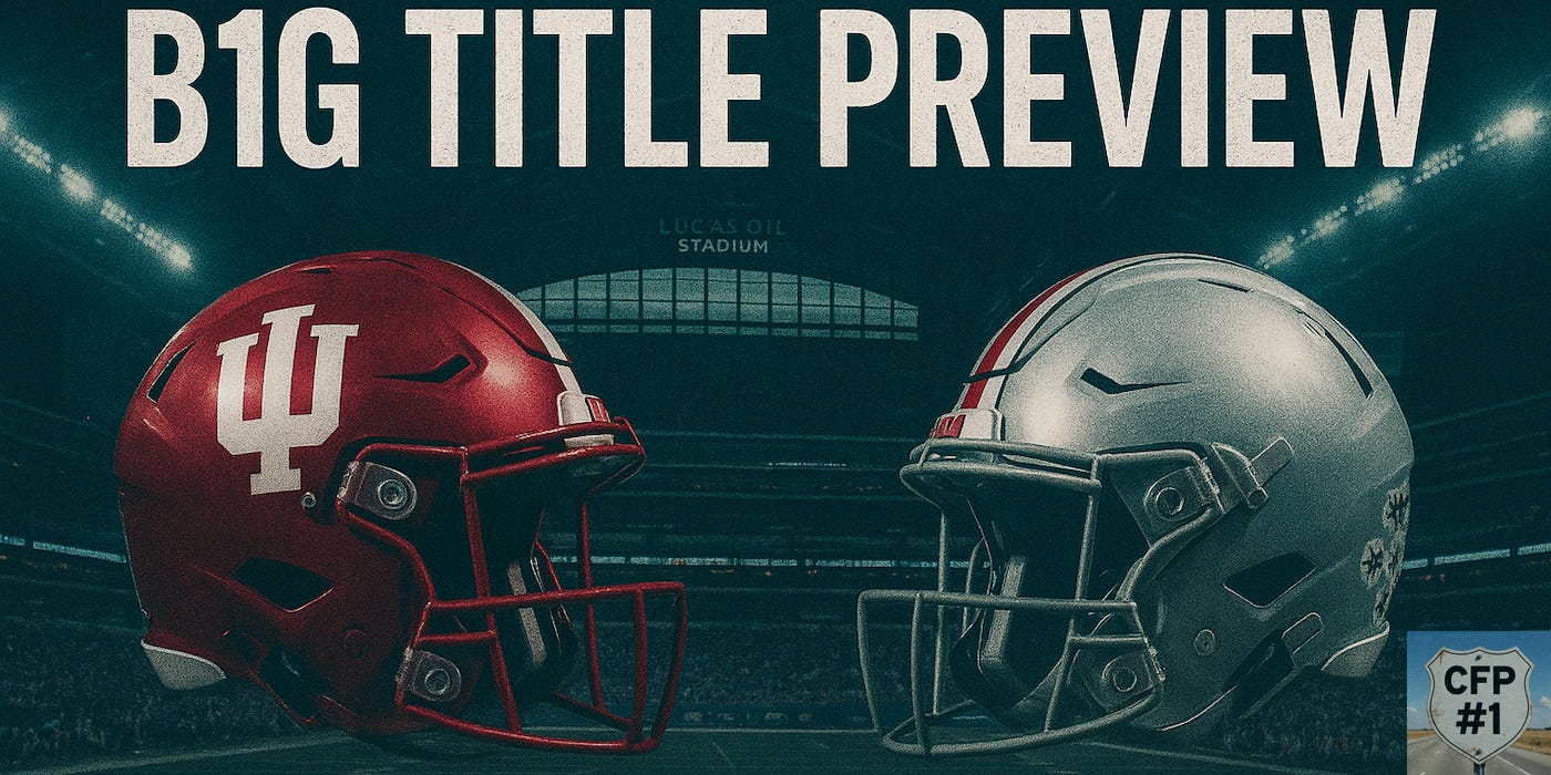 Two football helmets facing each other at midfield inside Lucas Oil Stadium, with Indiana’s red helmet on the left, Ohio State’s silver helmet on the right, and bold text reading B1G Title Preview above them. Deals on seats, fan gear and premium college football coverage at www.NattyRoad.com