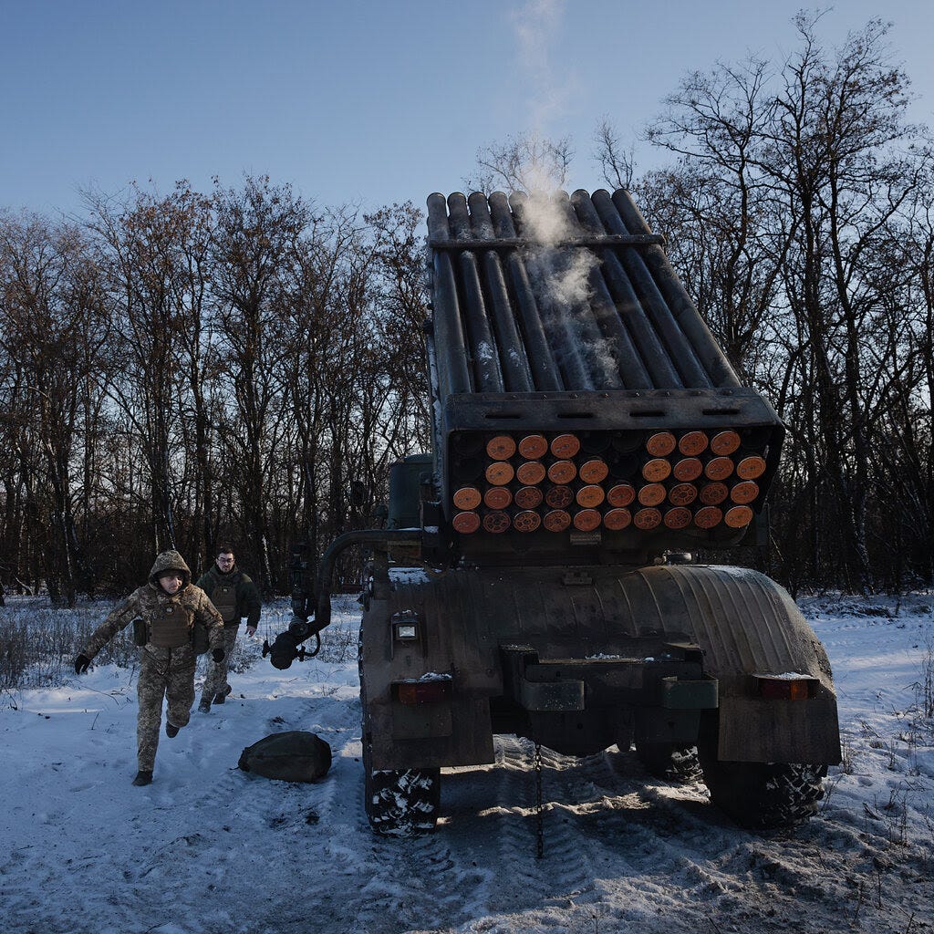 The 38th Separate Marine Brigade firing a Grad self-propelled 122 mm multiple rocket launcher at a Russian target from the Pokrovsk front line of eastern Ukraine.