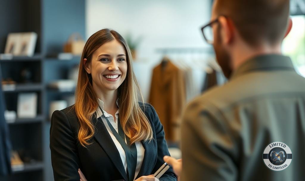 A professional saleswoman smiling confidently as a customer objects