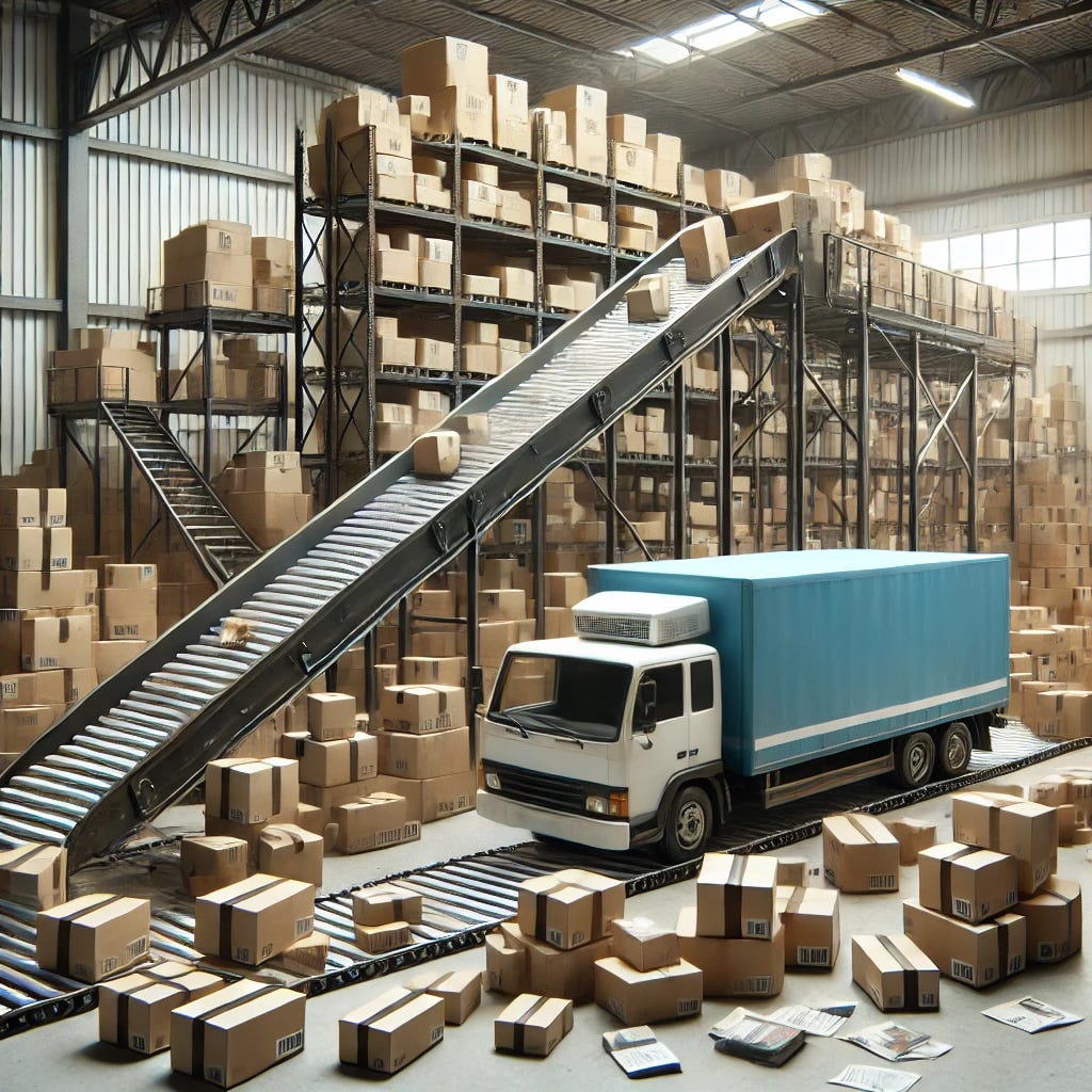 A realistic photograph-style image representing logistics and shipping issues in e-commerce without text. The image shows a warehouse with disorganized stacks of packages, some damaged or misplaced. A conveyor belt has parcels stuck or fallen off. Nearby, a delivery truck is parked with packages scattered around, suggesting delivery delays or mishandling. The atmosphere conveys inefficiency and challenges in the shipping process.