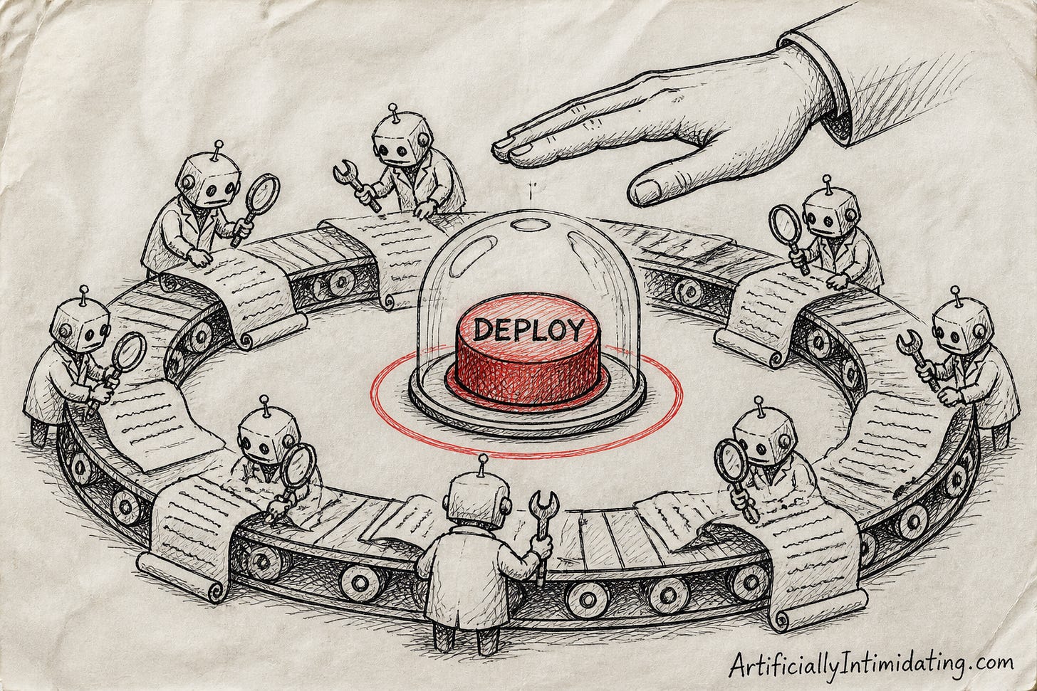 Small lab-coated robots with magnifying glasses and wrenches ride a circular conveyor loop of paper traces around a big red button labeled DEPLOY under a glass dome while a human hand hovers over it.