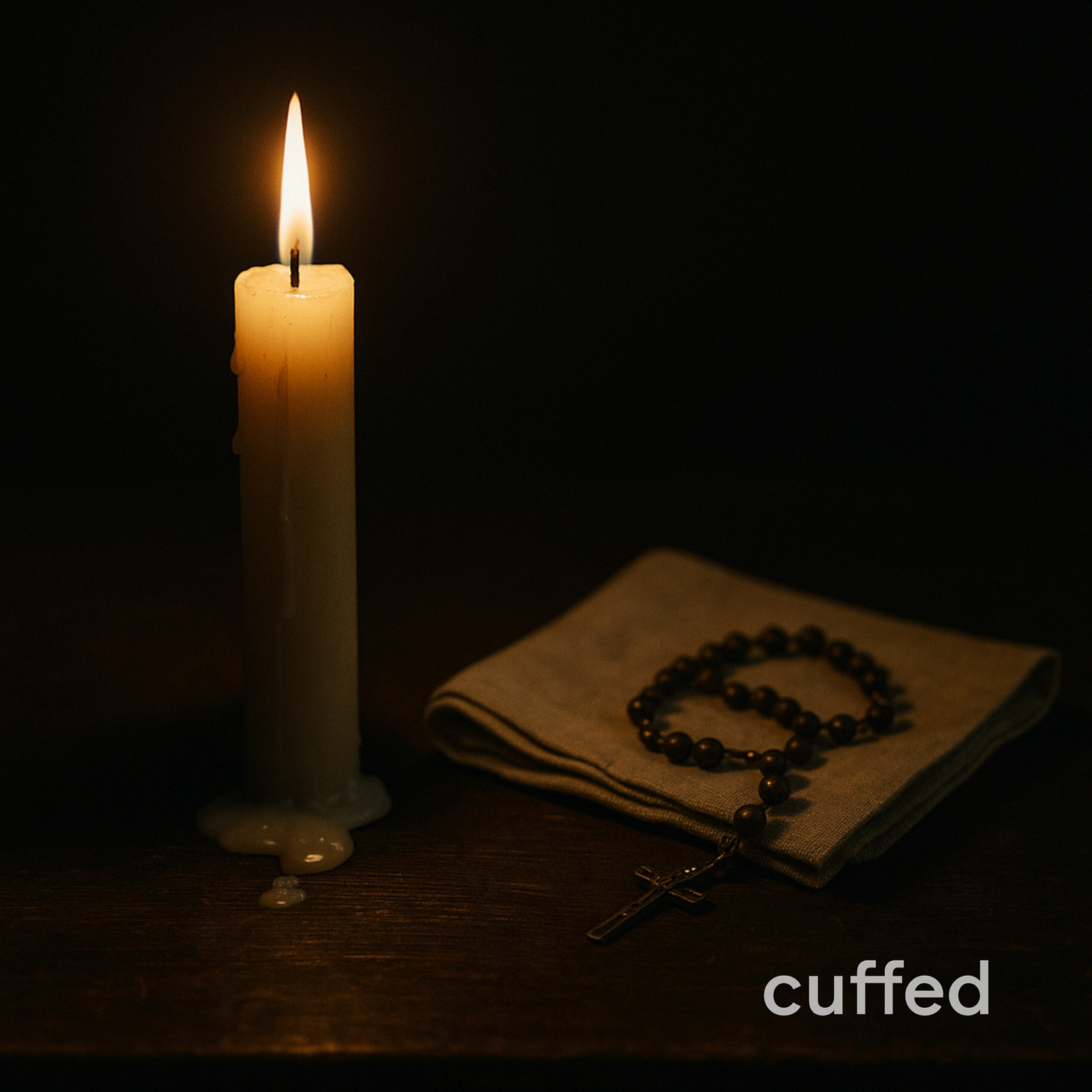 Cinematic still life of a tall white candle burning steadily, melted wax pooling onto a dark wooden table. Beside it rests a neatly folded linen handkerchief with slightly frayed edges, and a set of rosary beads draped across it. Lighting is chiaroscuro—warm amber glow from the flame against deep shadows. Mood is grief-stricken yet peaceful, evoking lineage, mortality, and love. Fused “ff” cuffed logo in black, bottom-right. SEO tags: emotional quote about grief, masculine introspection, Irish family legacy, death and strength. 